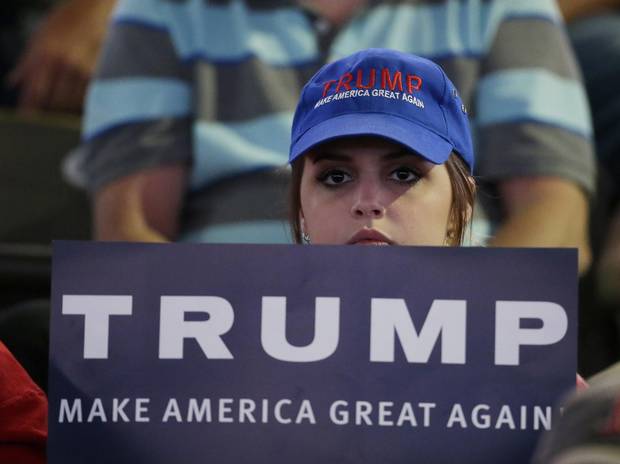 A supporter listens during as Trump speaks during a campaign stop in Indianapolis.