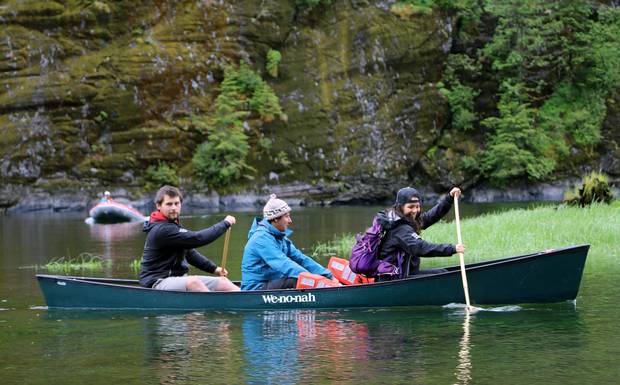 Kitasoo/Xai'xais watchman staff, including Chantal Pronteau, paddling at the front. Taken in Fiordland Conservancy.