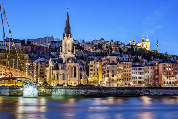 Famous view of Lyon with Saone river at night.