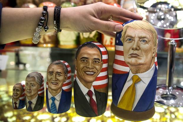 Traditional Russian wooden dolls depict Donald Trump, right, and othe U.S. presidents at a shop in Moscow.