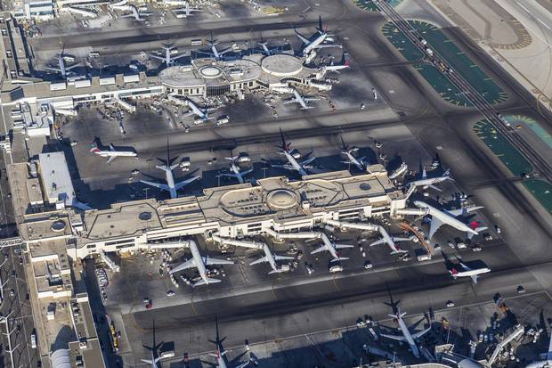 An aerial view of Delta Airlines terminals at Los Angeles International Airport.