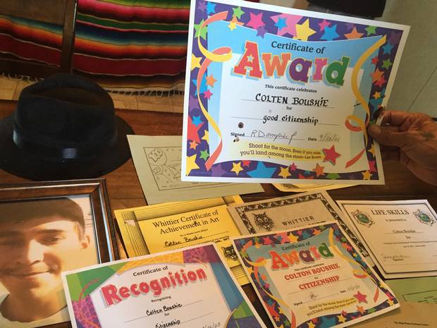 A collection of Colten Boushie’s school awards.