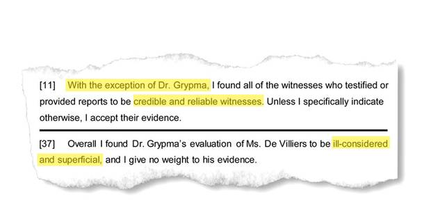 Excerpts from two B.C. Supreme Court rulings in separate cases, in 2016 and 2013 respectively, question the credibility of evidence brought forward by Dr. Grypma.