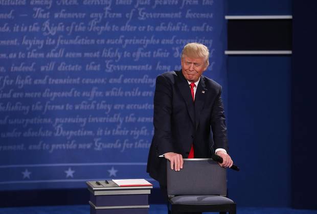 Donald Trump reacts during the second presidential debate at Washington University in St. Louis, Missouri.