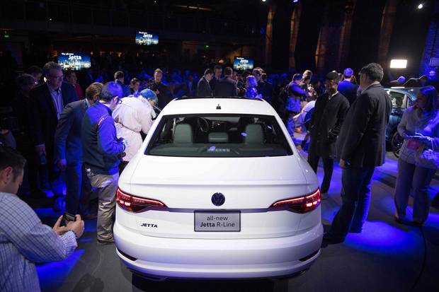The 2019 Volkswagen Jetta R-Line is introduced during the 2018 North American International Auto Show in Detroit, Michigan, on January 14, 2018.
