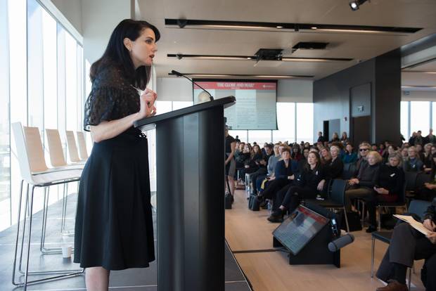 Actor Mia Kirshner, co-founder of the #Aftermetoo symposium, closes the town hall.