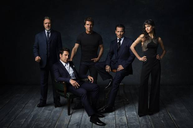Stars of Universal Pictures’s Dark Universe franchise, from left, Russell Crowe, Javier Bardem, Tom Cruise, Johnny Depp and Sofia Boutella.