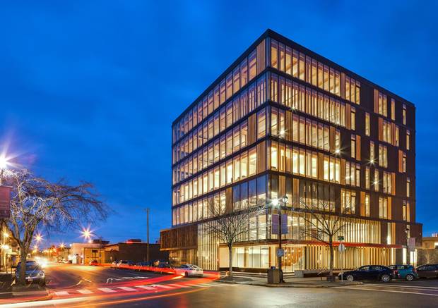The Wood Innovation and Design Centre in Prince George rises elegantly eight storeys into the air, and almost every aspect – from its post-and-beam structure to the window system – reflects novel uses of wood.