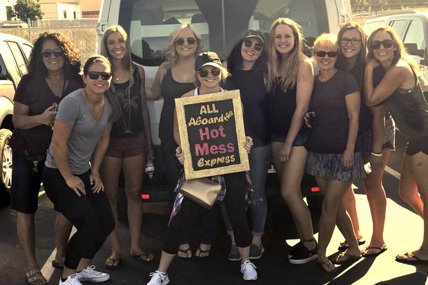 Loreto Hannah (left), her daughter Katrina (third from left) and friends in front of the van they drove to Las Vegas for a bachelorette party
