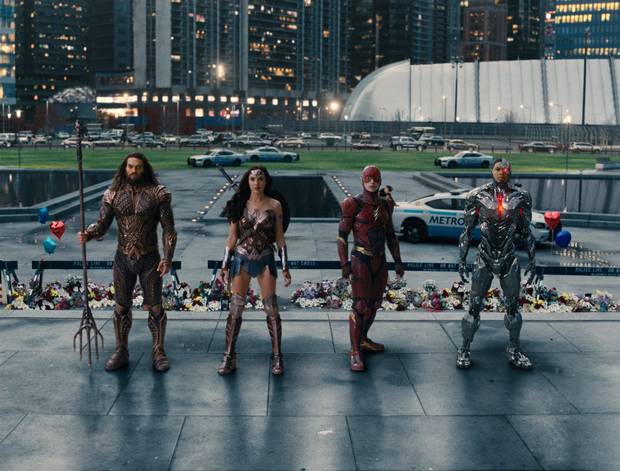 Jason Momoa as Aquaman, Gal Gadot as Wonder Woman, Ezra Miller as the Flash and Ray Fisher as Cyborg in Justice League.
