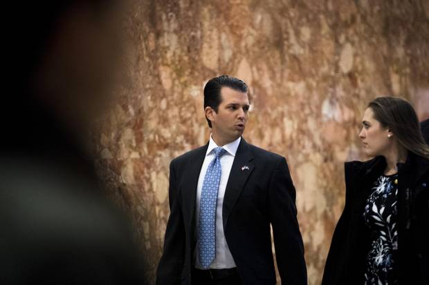 Donald Trump Jr. walks through the lobby of Trump Tower in New York, Jan. 17, 2017. Mr. Trump Jr. was told in an email that the Russian government wanted to boost Donald Trump’s election bid last year, according to three people with knowledge of the email, which led to the meeting that included Mr. Trump Jr., Jared Kushner and Paul Manafort, among others.