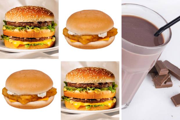 Two Big Macs: 1080 calories. Two McDonald’s Filets-o-Fish: 820 calories. One chocolate milkshake: 530 calories.