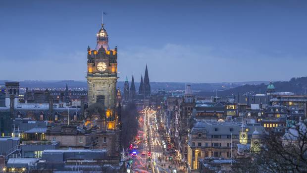 The Balmoral Hotel clock tower and Princes Street seen from Calton Hill.