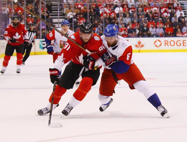 Steven Stamkos of Team Canada attempts to get around Michal Kempny of Team Czech Republic during the first period during the World Cup of Hockey tournament at the Air Canada Centre on September 17, 2016 in Toronto, Canada.