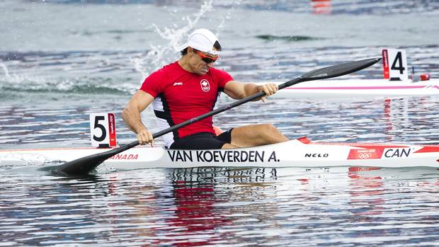 Canada's Adam van Koeverden crosses the finish line on his way to a siver medal in the men's K1 1000 meter event at the 2012 Summer Olympics.