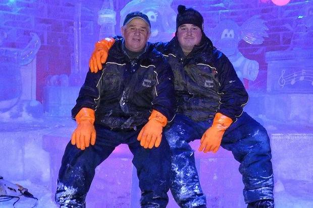 Michel Lepire, left is seen with his son Marc, who has followed in his father’s footsteps and is now in charge of building the annual ice palace of the Quebec City winter carnival.