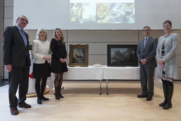 From left, Guenter Stock, president of German Friends of Hebrew University; Marie Gervais-Vidricaire, Canada’s ambassador to Germany; Heritage Minister Mélanie Joly, Clarence Epstein of the Stern Restitution Project and Susanne Anna a museum director mark the recovery of two paintings on Monday in Berlin.