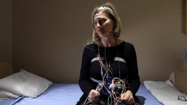 Globe and Mail writer Erin Anderssen takes part in a sleep disorder test at the Royal Ottawa Hospital Sleep Lab November 7, 2016 in Ottawa.