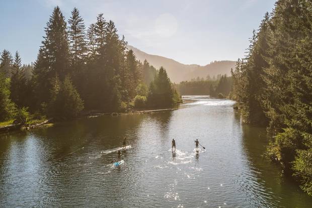 Paddle boarders can navigate up the San Juan River from where it flows into the Pacific Ocean near Port Renfrew, B.C., to Fairy Lake and Lizard Lake.