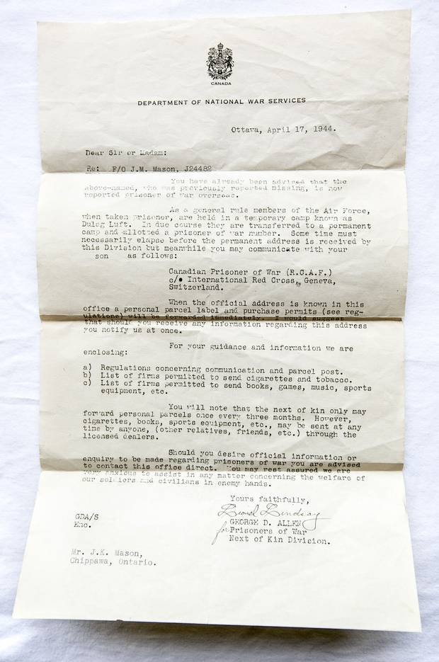 A government letter informs the Masons in Chippawa that their son has been reported a prisoner of war.