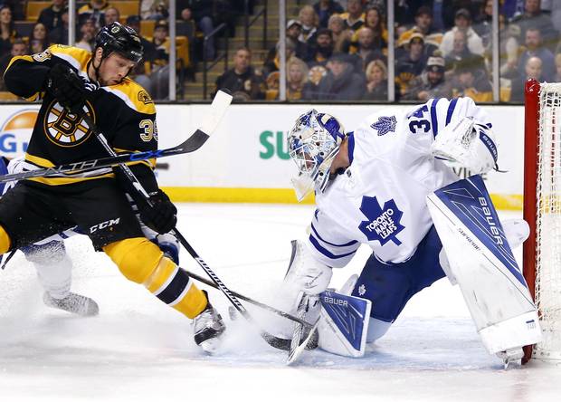 Toronto Maple Leafs’ James Reimer makes a save against Boston Bruins’ Matt Beleskey on Feb. 2. Reimer’s ‘red-zone’ save percentage is .835, second only to Washington Capitals’ Braden Holtby.