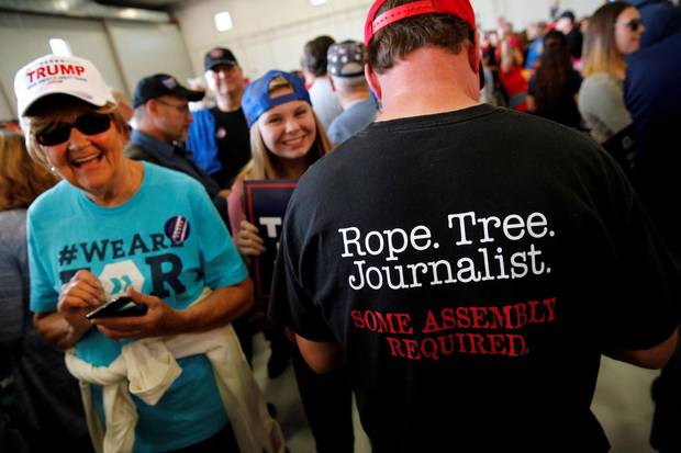 Nov. 6, 2016: After a Trump rally in Minneapolis, photos of this man’s T-shirt – ‘Rope. Tree. Journalist. Some assembly required’ – went viral as the Republican candidate continued his invective against the news media.