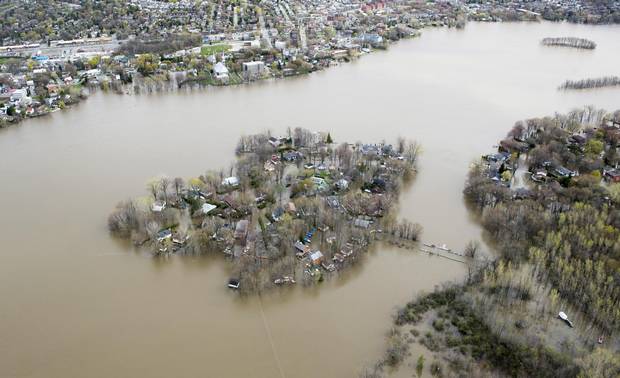 Ile Mercier covered in floodwater is seen on the Riviere des Prairies on the north part of Montreal, on May 8, 2017.