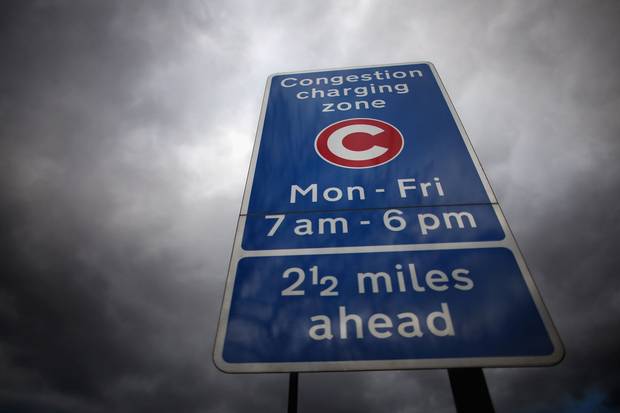 A congestion charge sign in London’s Clapham district. A transportation committee recently suggested that the city drop its congestion charge for the city centre in favour of ‘dynamic pricing.’