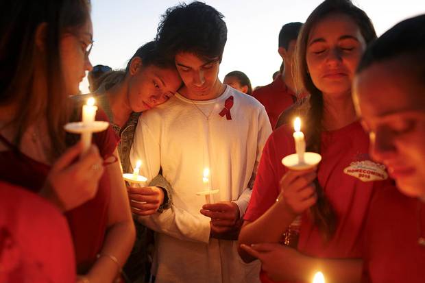 Feb. 15, 2018: Students gather during a vigil at Pine Trails Park in Parkland, Fla., for the victims of the shooting.