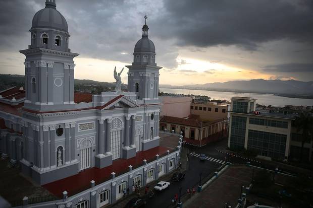 The sun sets behind the Cathedral of Our Lady of the Assumption in Santiago de Cuba.