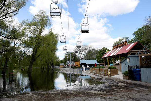 Centre Island’s amusement park is empty, closed because of the flooding. 