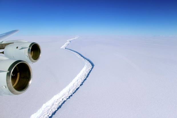 On Nov. 10, 2016, scientists on NASA’s IceBridge mission photographed an oblique view of a massive rift in Antarctica’s Larsen C ice shelf. The crack completely cuts through the shelf, but does not yet span its entire width. The rift has been around since at least the 1950s, when it was captured on satellite images, but since December of last year, it has grown the length of about five football fields each day. 