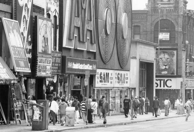 View of Yonge Street in downtown Toronto in 1992 showing A&A Records and Sam the Record Man stores.