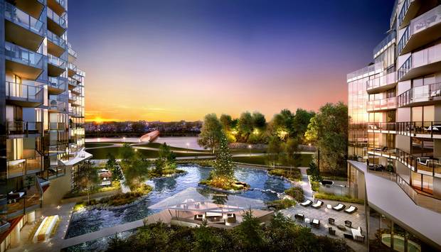 The water garden at the Concord luxury condos in Calgary.