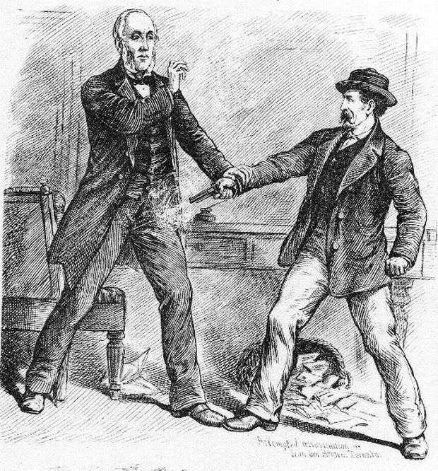 Attempted Assassination of Hon. Geo. Brown by George Bennett, March 25, 1880, Toronto. Illustration by Henri Julien.