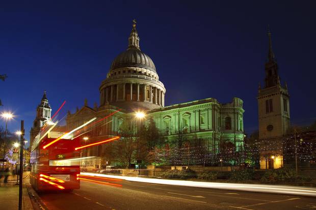 St Paul's Cathedral lit up at night.