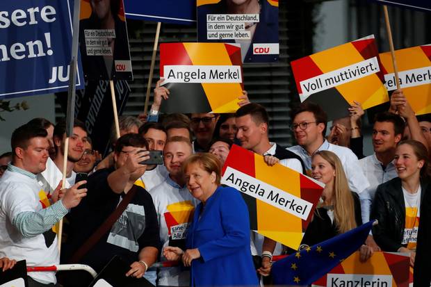 German Chancellor Angela Merkel of the Christian Democratic Union arrives for a TV debate with her challenger, Social Democratic Party candidate Martin Schulz in Berlin on Sept. 3, 2017. Germans vote in a general election on Sept. 24.