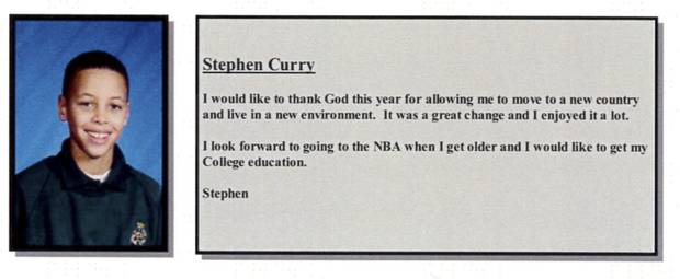 Curry's yearbook entry from his 2002 school year at Etobicoke's Queensway Christian College 