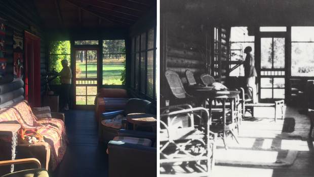 The screened-in porch at the Astor home, pictured today and in the 1930s.