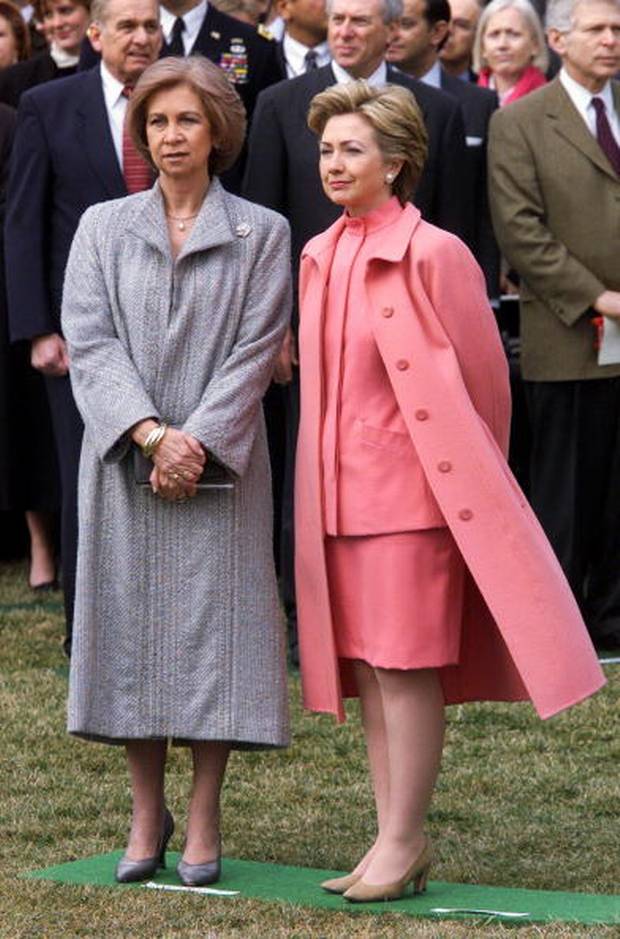 Queen Sophia of Spain and First Lady Hillary Rodham Clinton look on during White House welcoming ceremonies for Sophia and her husband, King Juan Carlos.
