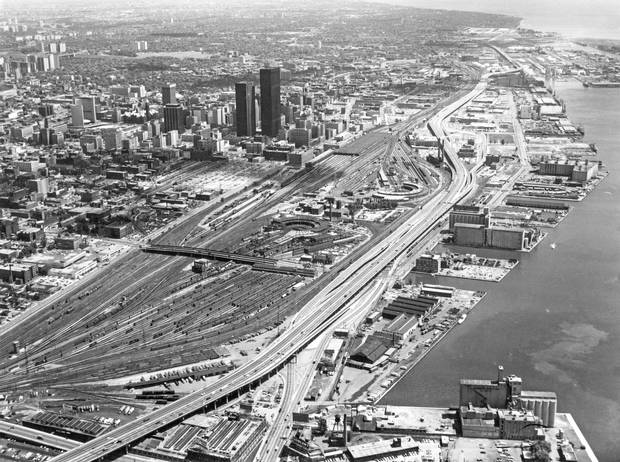 An aerial view of downtown Toronto on June 16, 1969, showing the railway lands and waterfront.