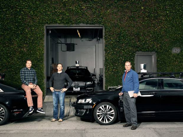 The three amigos (left to right): Urmson, Sterling Anderson and Drew Bagnell show off their fleet of self-driving cars in Palo Alto