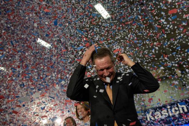 John Kasich celebrates his Ohio primary victory at a rally at Baldwin Wallace University on March 15.