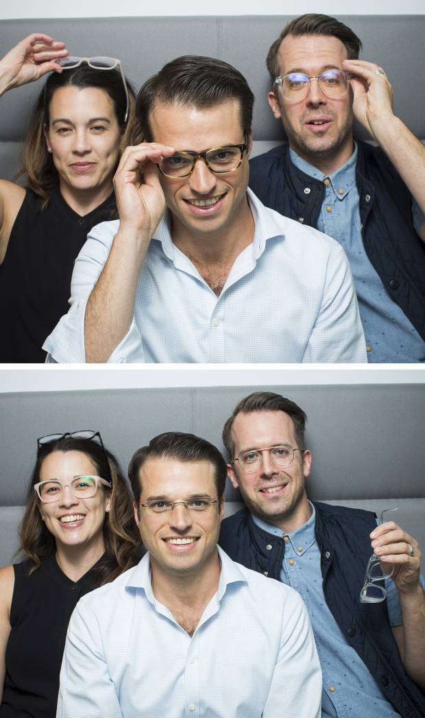 EYES ON THE PRIZE Clearly’s chief marketing officer Nancy Richardson (left), CEO Roy Hessel (centre) and senior creative director Nate McAnally (right) want to place more focus on glasses as a fashion accessory, rather than a necessity.