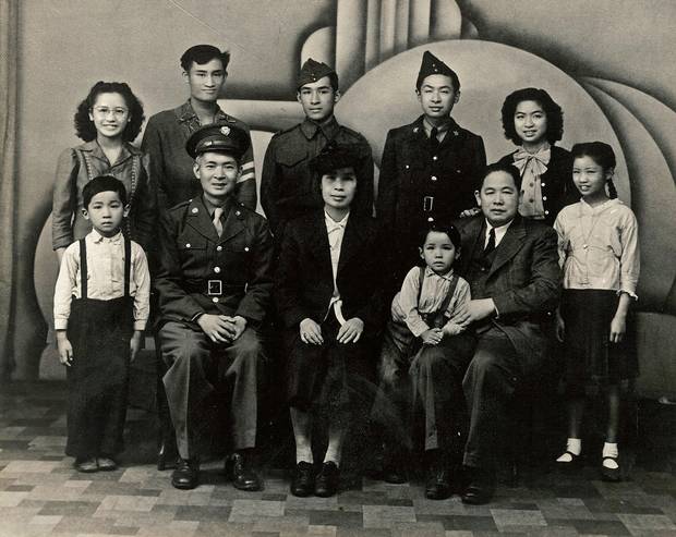 The Wong family in 1946. Bill Wong (back row, third from left) was a student at UBC at the time, and he and his brother Jack, second from left, belonged to the Reserve Officers’ Training Corps.