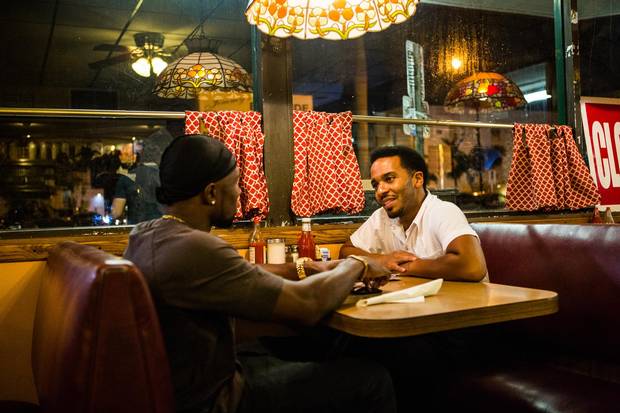 Trevante Rhodes and Andre Holland from a scene in Moonlight.