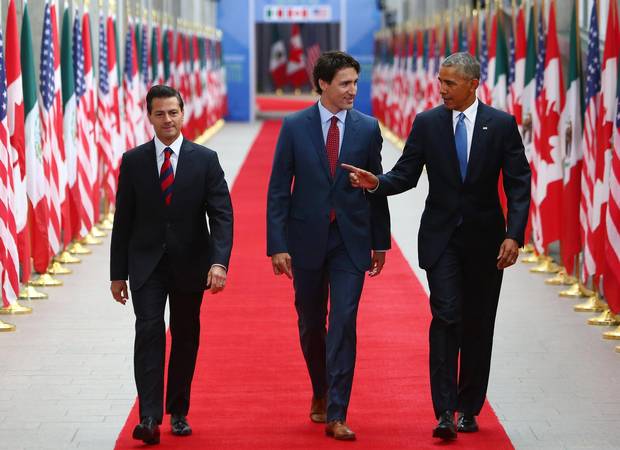 Enrique Pena Nieto, Mexico's president, Justin Trudeau, Canada's prime minister, and U.S. President Barack Obama arrive at the National Gallery of Canada for the North American Leaders Summit in Ottawa in June.