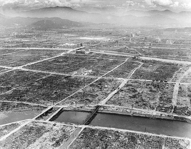 Hiroshima, 1945: Only a few steel and concrete buildings and bridges remain intact in Hiroshima after the Japanese city was hit by an atomic bomb.
