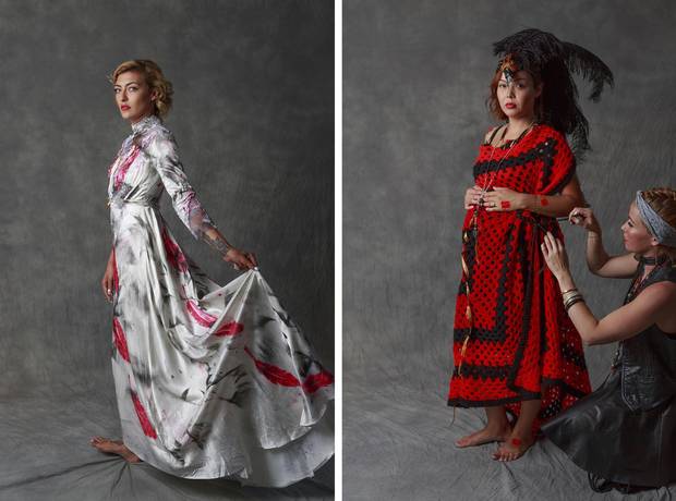 Willow Riley, left, and Cora Yeltatzie pose for photos. Designer Okalani LeBlanc, right, uses red tape as a symbol for small pox; many Indigenous designers tell their history through their designs.