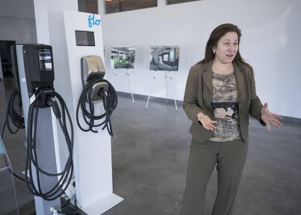 Along with showroom models of electric vehicles that visitors can actually test-drive, Plug’n Drive’s new experiential showroom also has electric chargers for show – and for sale.
